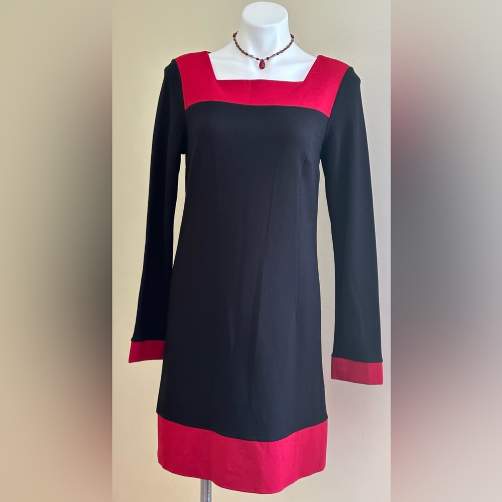 Randy Kemper Black Red A Line Dress Square Neck Long Sleeves Zip in Back SZ 10